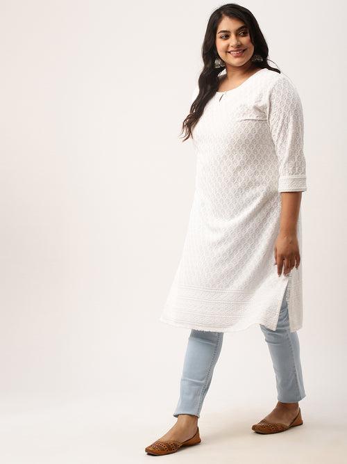 White Rayon Keyhole Neck 3/4th Sleeves Chikankari Embroidery Ethnic Wear Kurta For Women - ZOLA