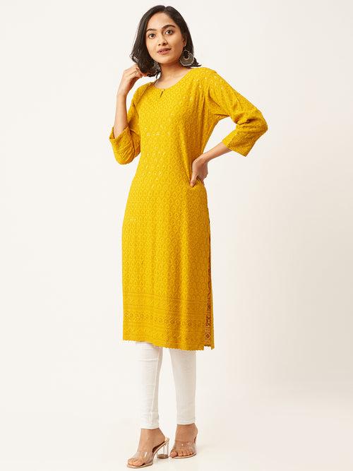 Mustard Rayon Keyhole Neck 3/4th Sleeves Chikankari Embroidery Ethnic Wear Kurta For Women - ZOLA