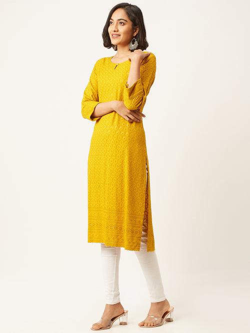 Mustard Rayon Keyhole Neck 3/4th Sleeves Chikankari Embroidery Ethnic Wear Kurta For Women - ZOLA