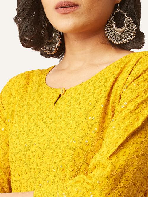 Mustard Rayon Keyhole Neck 3/4th Sleeves Chikankari Embroidery Ethnic Wear Kurta For Women - ZOLA