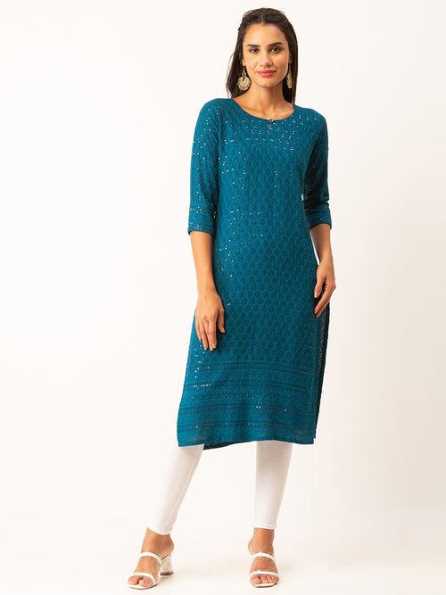 Teal Rayon Keyhole Neck 3/4th Sleeves Chikankari Embroidery Ethnic Wear Kurta For Women - ZOLA