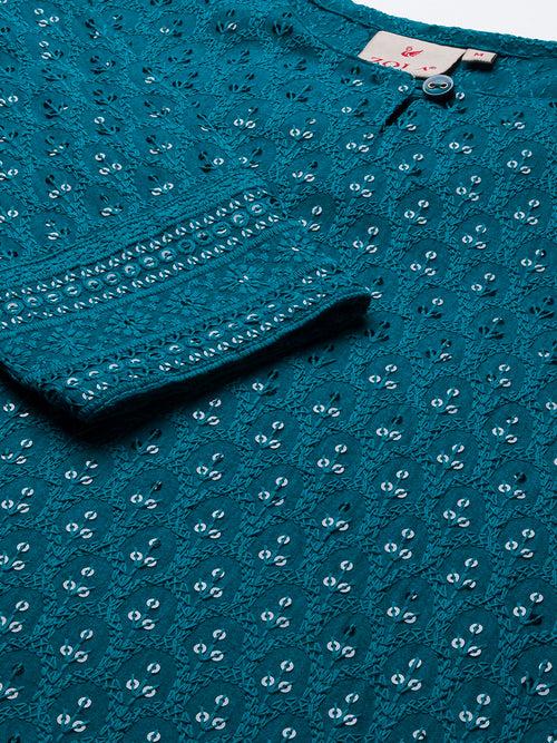 Teal Rayon Keyhole Neck 3/4th Sleeves Chikankari Embroidery Ethnic Wear Kurta For Women - ZOLA