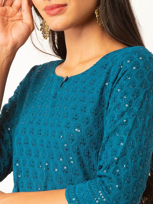 Teal Rayon Keyhole Neck 3/4th Sleeves Chikankari Embroidery Ethnic Wear Kurta For Women - ZOLA