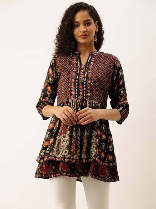 Mandarin Collar Viscose All Over Ethnic Print Black Fit & Flare Tunic For Women - ZOLA