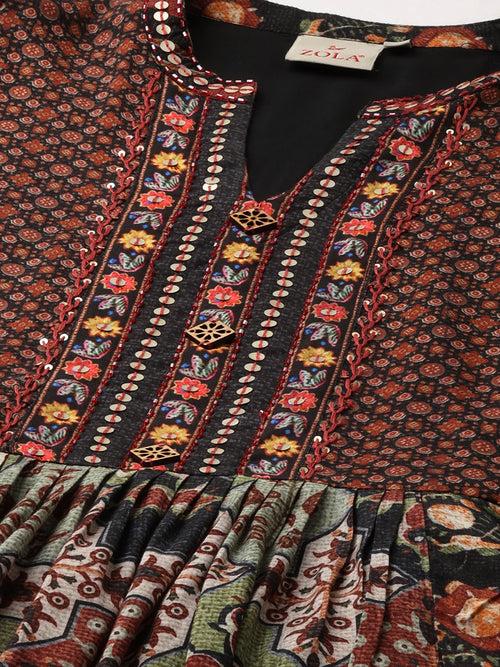 Mandarin Collar Viscose All Over Ethnic Print Black Fit & Flare Tunic For Women - ZOLA