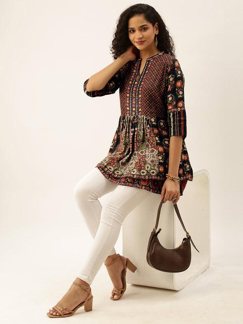 Mandarin Collar Viscose All Over Ethnic Print Black Fit & Flare Tunic For Women - ZOLA