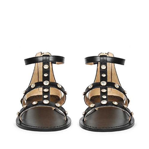 Saint Dion Crystal Stone Studded Black Leather Sandals