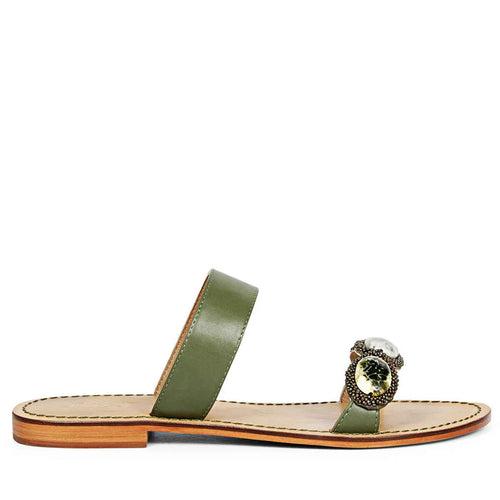 Saint Eva Multi Stone Adorned Olive Leather Flats