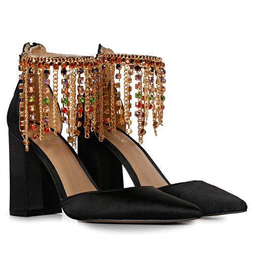 Fayette Stone Studded Chain Black Satin Block Heels