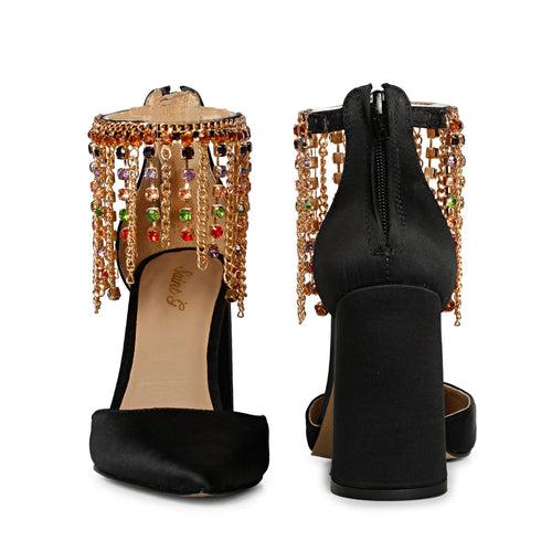 Fayette Stone Studded Chain Black Satin Block Heels