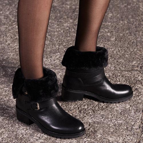 Saint Theresa Buckle Decorative High Ankle Black Leather Boots