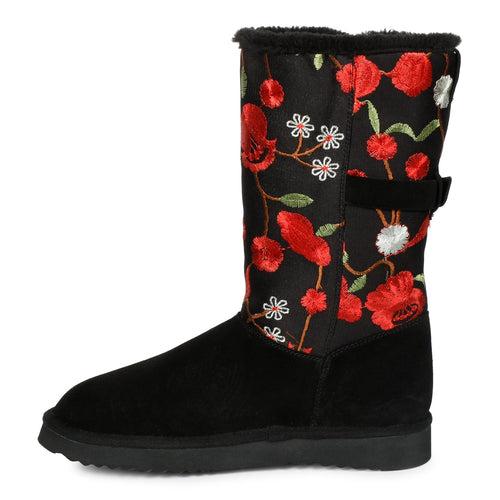 Gloire Buckle Décor Floral Embroidery Snug Boots