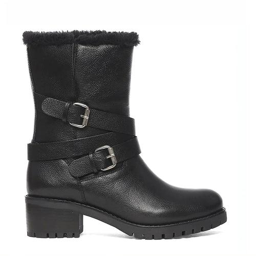 Saint Theresa Buckle Decorative High Ankle Black Leather Boots