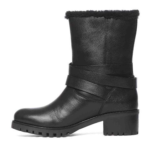 Saint Theresa Buckle Decorative High Ankle Black Leather Boots