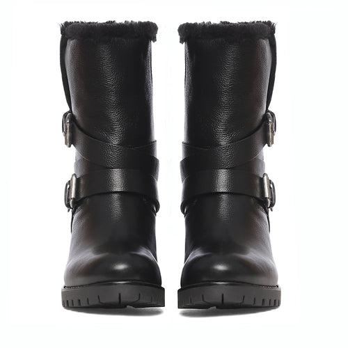 Saint Theresa Buckle Decorative High Ankle Black Leather Boots