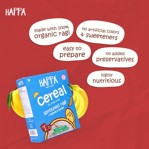 Happa Organic Puree and Cereal Combo 1 Cereal and 6 Fruit Puree (R+B+M Cereal, A+B Puree, M+B Puree, A+M Puree, A+M Multigrain Puree, A+Oats Puree, SP+M+Pear Puree)