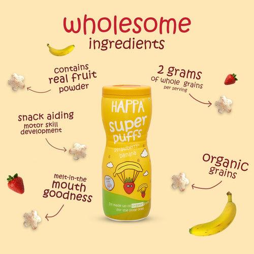 Happa Multigrain Strawberry & Banana Melts Super Puffs (Healthy Organic Snack for Little One, 8 Months+) Pack of 1