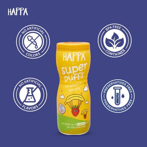 Happa Multigrain Strawberry & Banana Melts Super Puffs (Healthy Organic Snack for Little One, 8 Months+) Pack of 1