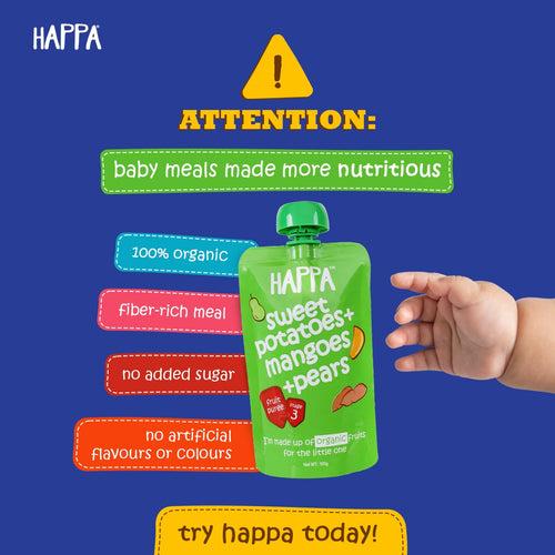 Happa Organic Baby Food Combo pack of Fruit & Veggies Puree, (Apple Oats + Sweet Potato Spinach + Apple Mango + Sweet Potato Mango Pear)Pack of 12 , 100 Grams Each