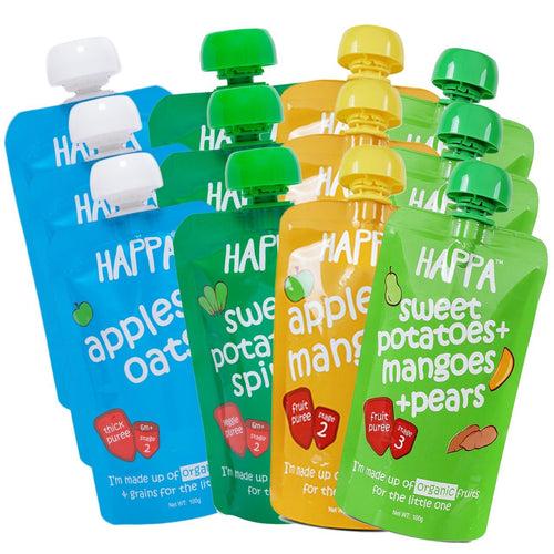 Happa Organic Baby Food Combo pack of Fruit & Veggies Puree, (Apple Oats + Sweet Potato Spinach + Apple Mango + Sweet Potato Mango Pear)Pack of 12 , 100 Grams Each