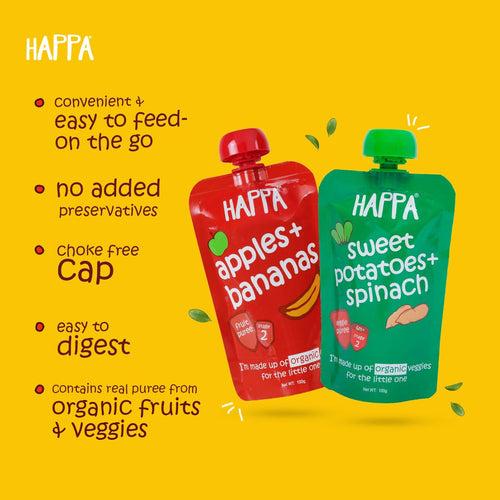 Happa Super Value Travel Pack Organic Baby Food, Fruit Puree and Cereal Combo (M+B Cereal, A+D Cereal, A+M Multigrain Puree, A+Oats Puree, A+B Puree, S+P+Spinach Puree) 8 Puree 100 Grams Each and 2 Baby Cereal 200 Grams Each