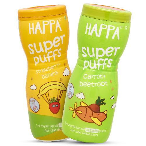 Happa Multigrain Strawberry Banana & Carrot Beetroot Melts Super Puffs (Healthy Organic Snack for Little One, 8 Months+) Pack of 2