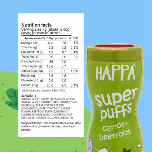 Happa Multigrain Carrot & Beetroot Melts Super Puffs (Healthy Organic Snack for Little One, 8 Months+) Pack of 1