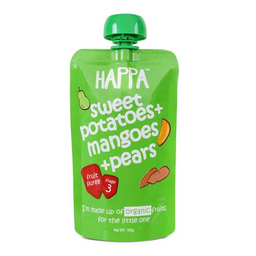 Happa Apple+Mango, Mango+Banana, Apple+Banana, Sweet Potato+Mango+Pear Fruit Puree (pack of 4)