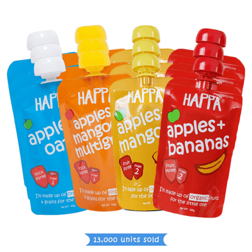 Happa Organic Baby Food, Combo pack of Fruit Puree, (Apple Oats + Apple Mango Multigrain + Apple Mango + Apple Banana) Pack of 12, 100 Grams Each
