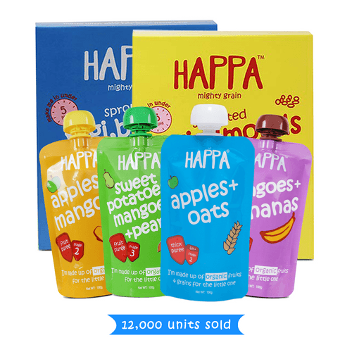 Happa Organic Baby Food, Fruit Puree and Cereal Combo, 4 Puree 100 Grams Each and 2 Cereal 200 Grams Each (M+B Cereal, Almond Cereal, A+M Puree, SP+M+Pear Puree, Apple Oats Puree, M+B Puree)