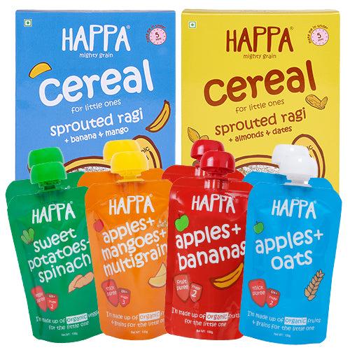 Happa Organic Baby Food, Fruit Puree and Cereal Combo (M+B Cereal, A+D Cereal, A+M Multigrain Puree, A+Oats Puree, A+B Puree, SP+S Puree) 8 Puree 100 Grams Each and 2 Cereal 200 Grams Each