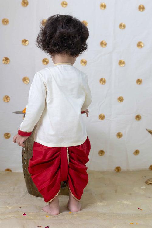 Baby Boy Ganesha Embroidered Cotton Dhoti Kurta Set - Cream