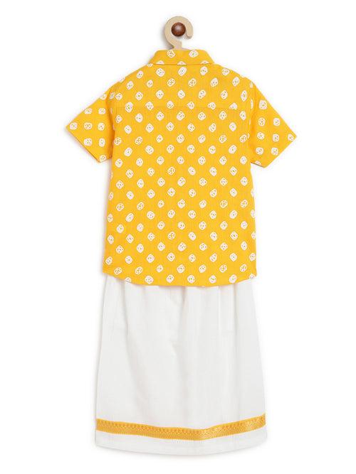 Boy Bandhani Print Cotton Mundu shirt Set - Yellow