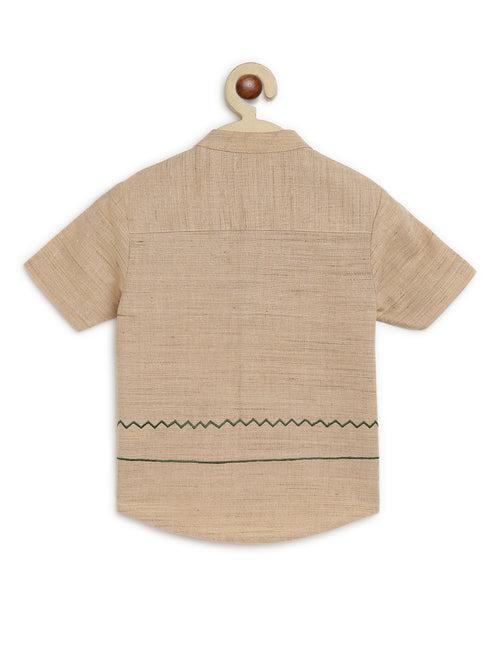 Boy Crocodile Embroidered Cotton Shirt  - Beige