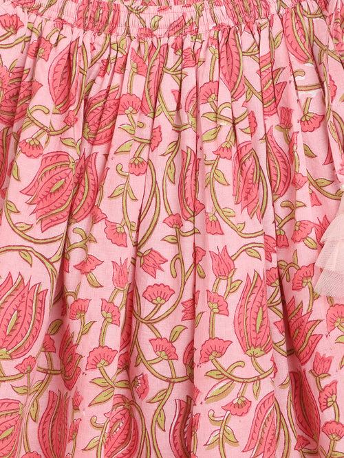 Girls Pink Printed Floral Lehenga Set