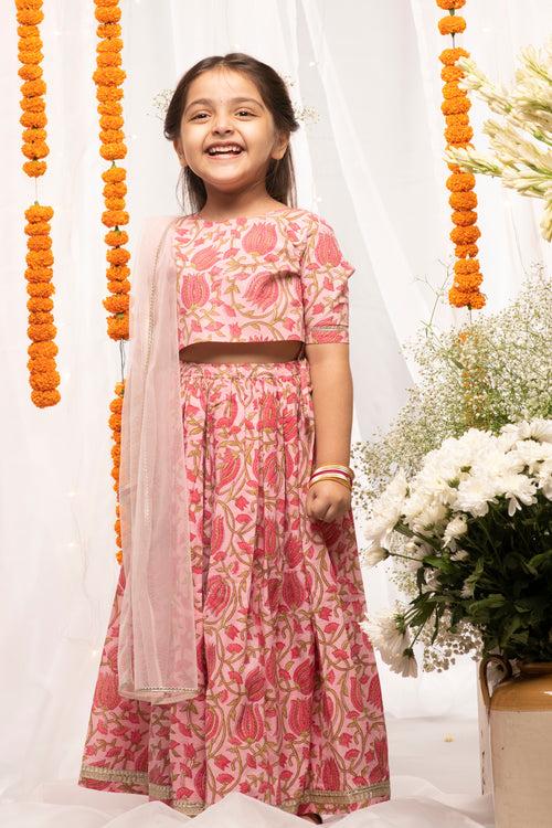 Girls Pink Printed Floral Lehenga Set