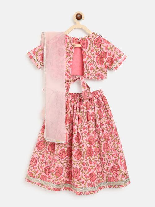 Girls Pink Printed Floral Lehenga Set