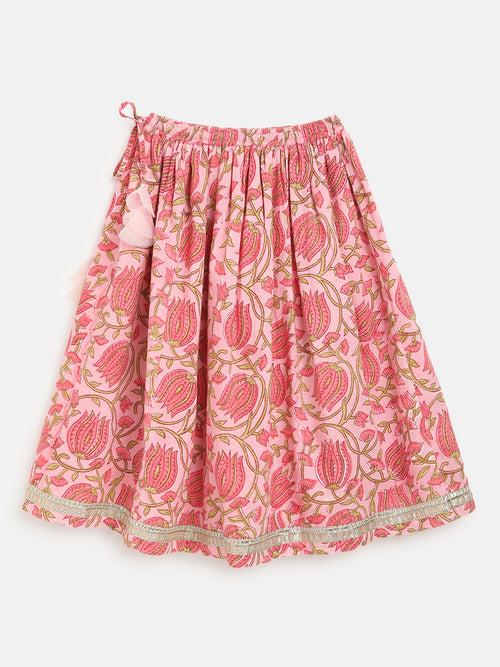 Girls Pink Printed Floral Lehenga Set