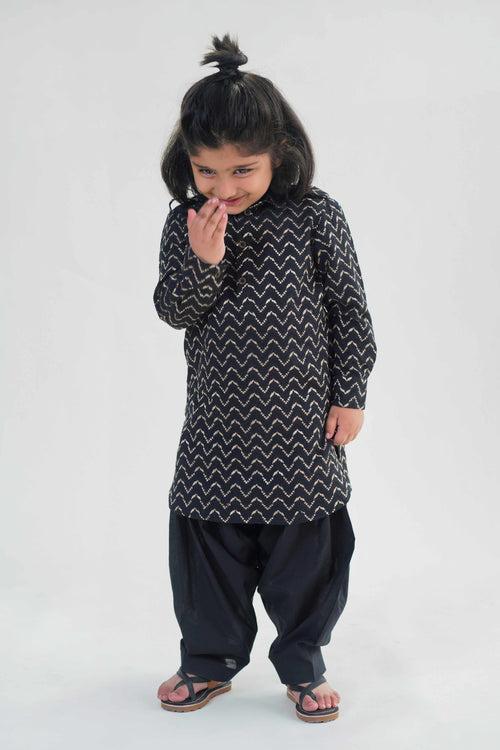 Boy Zigzag Pathani Set-Black