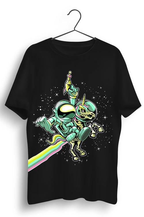 Astronaut And Unicorn Graphic Printed Black Tshirt