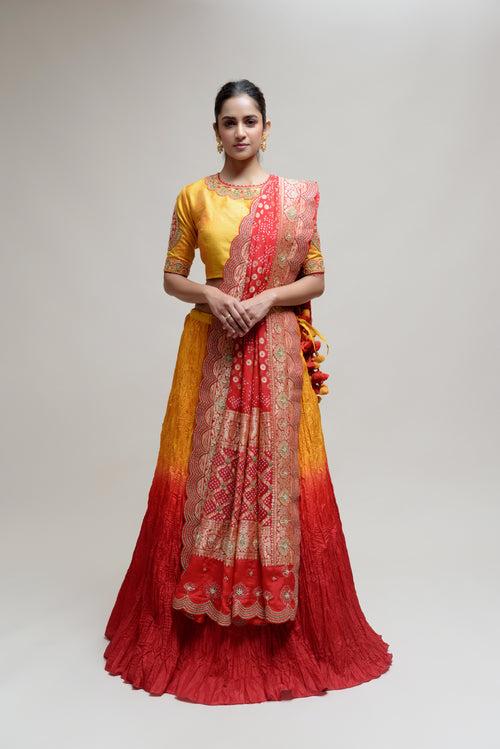 Roza Lehenga Set - Yellow Red