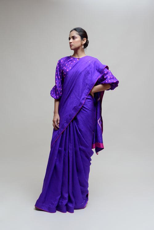 Silk Hand Dyed Saree with Bandhani Blouse - Purple