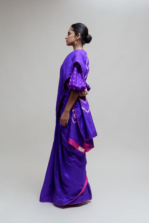 Silk Hand Dyed Saree with Bandhani Blouse - Purple