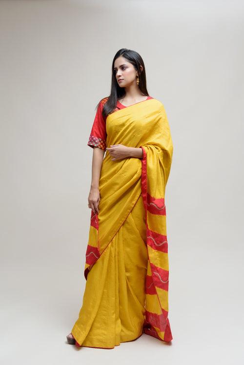 Silk Saree with Striped Colour Blocked Palla - Yellow Red