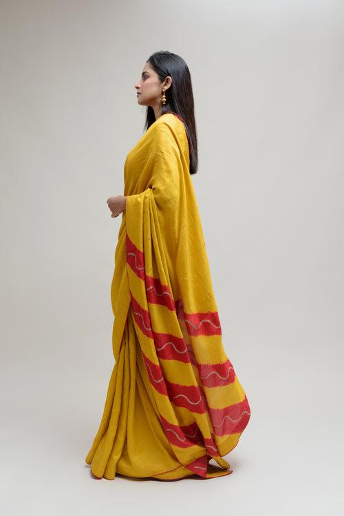 Silk Saree with Striped Colour Blocked Palla - Yellow Red