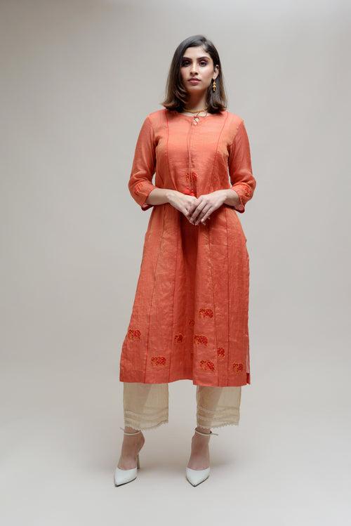 Applique Bandhani on Chanderi Tissue Kurta - Orange