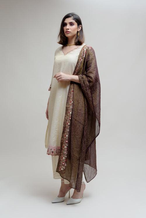 Chanderi Tissue Kurta - Off White Brown