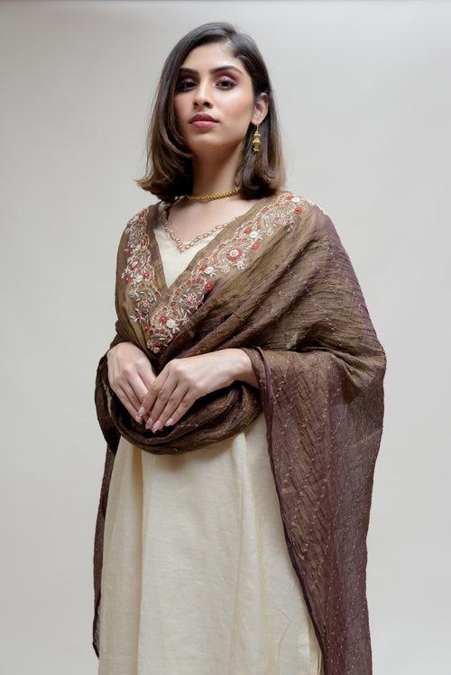 Chanderi Tissue Kurta - Off White Brown