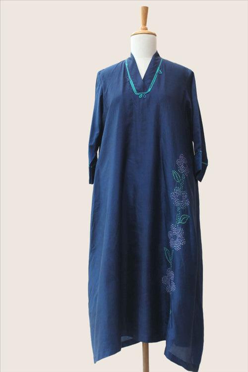 Silk Bandhani Dress in Navy