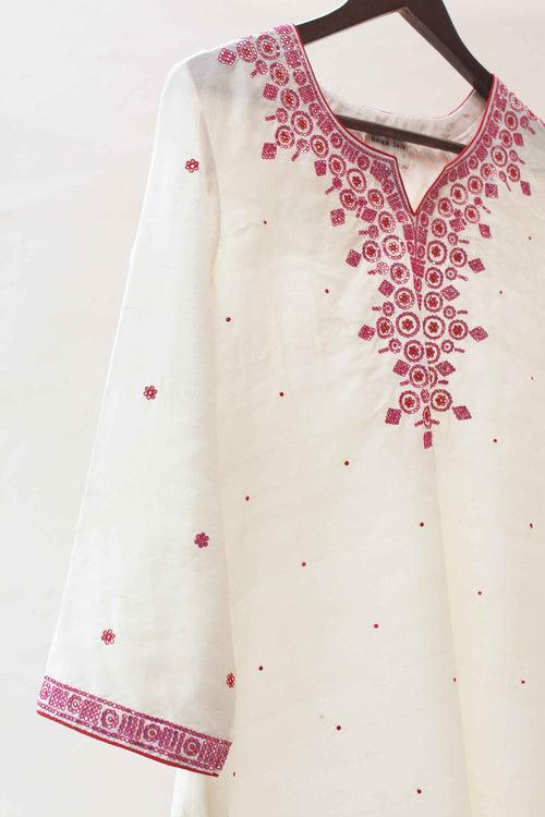 White Silk Kurta Pants with Mirror Work